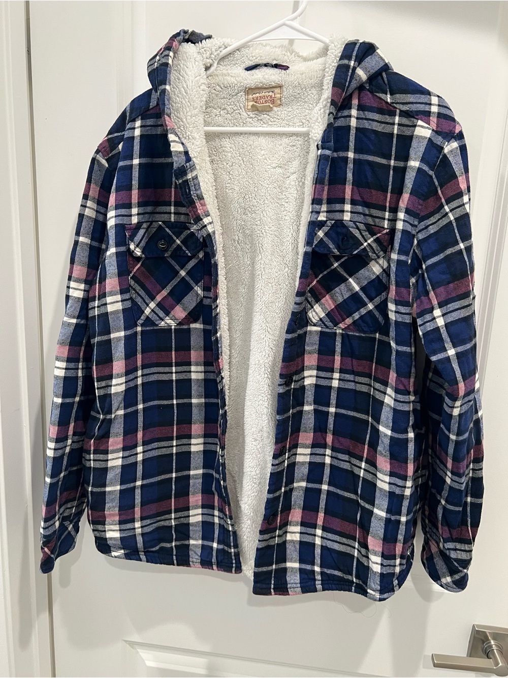 Boston Traders Cream Sherpa-Lined Jacket with Navy & Purple Trim